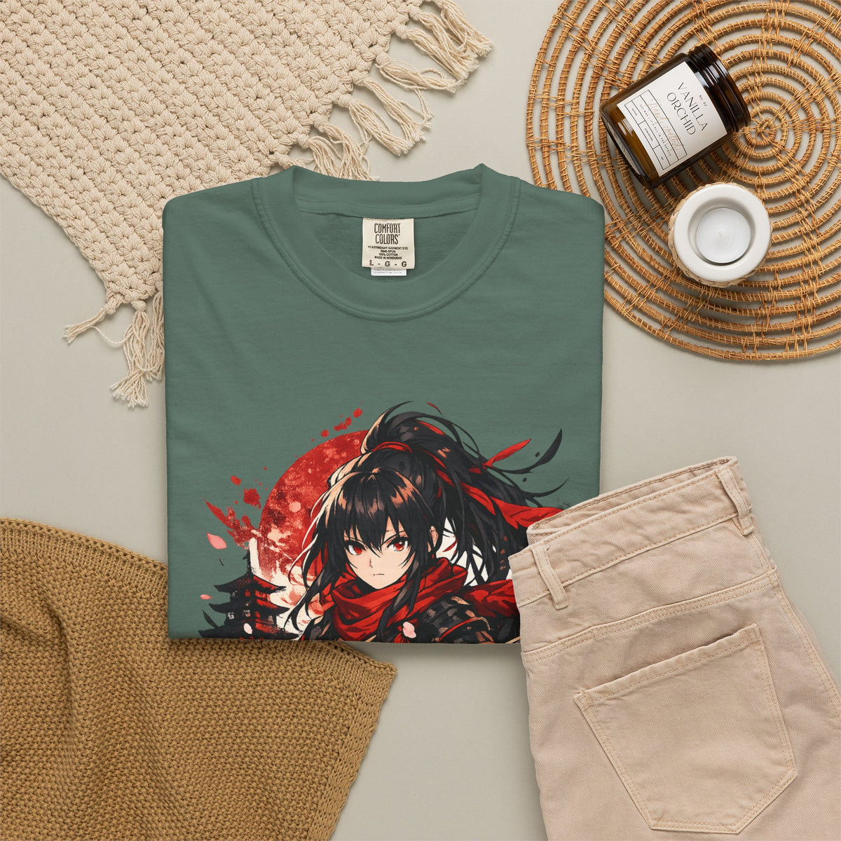 Samurai Anime Girl T-Shirt — Red Moon & Sakura Sword Art Tee