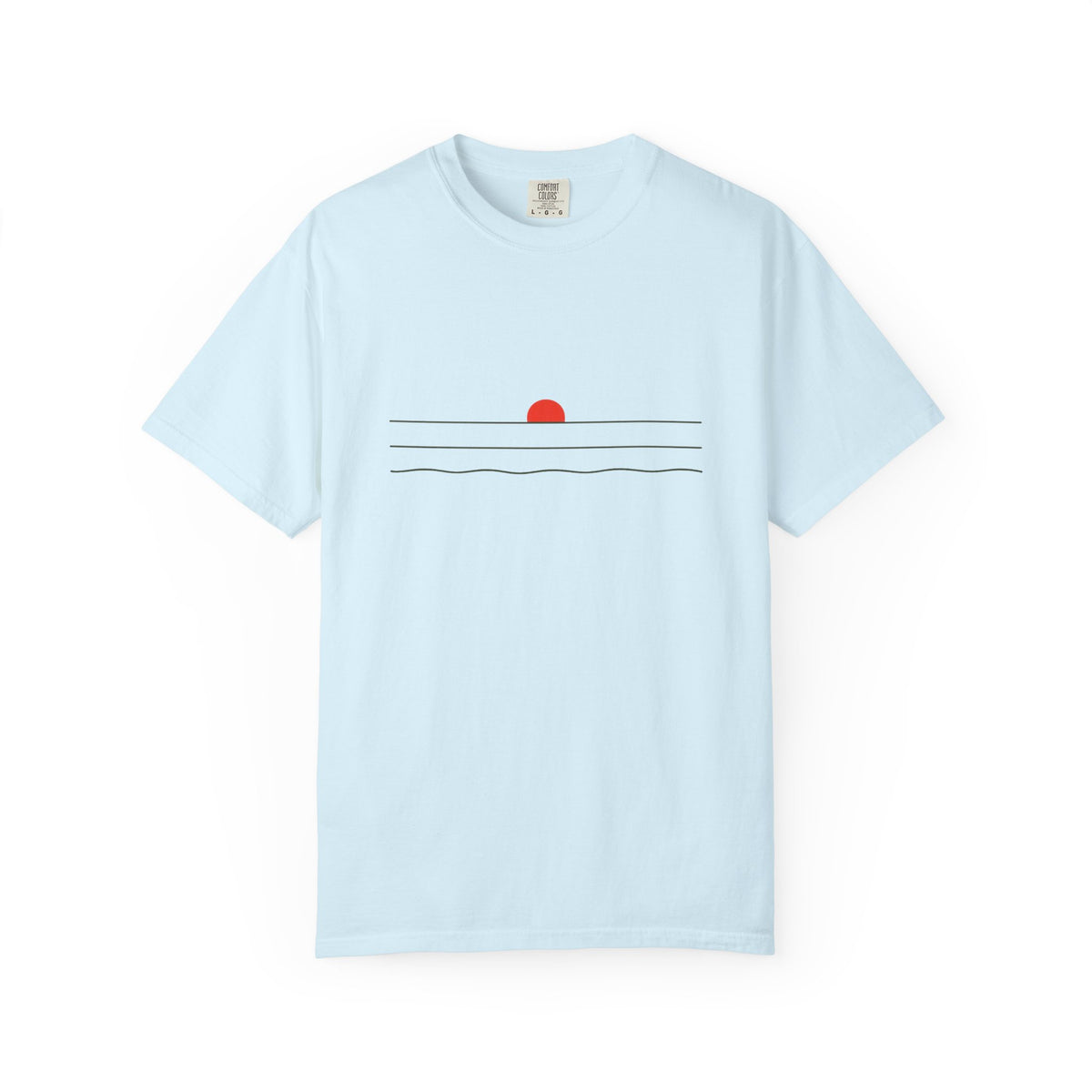 Sunset Minimalist T-Shirt — Red Sun Over Wavy Lines Tee
