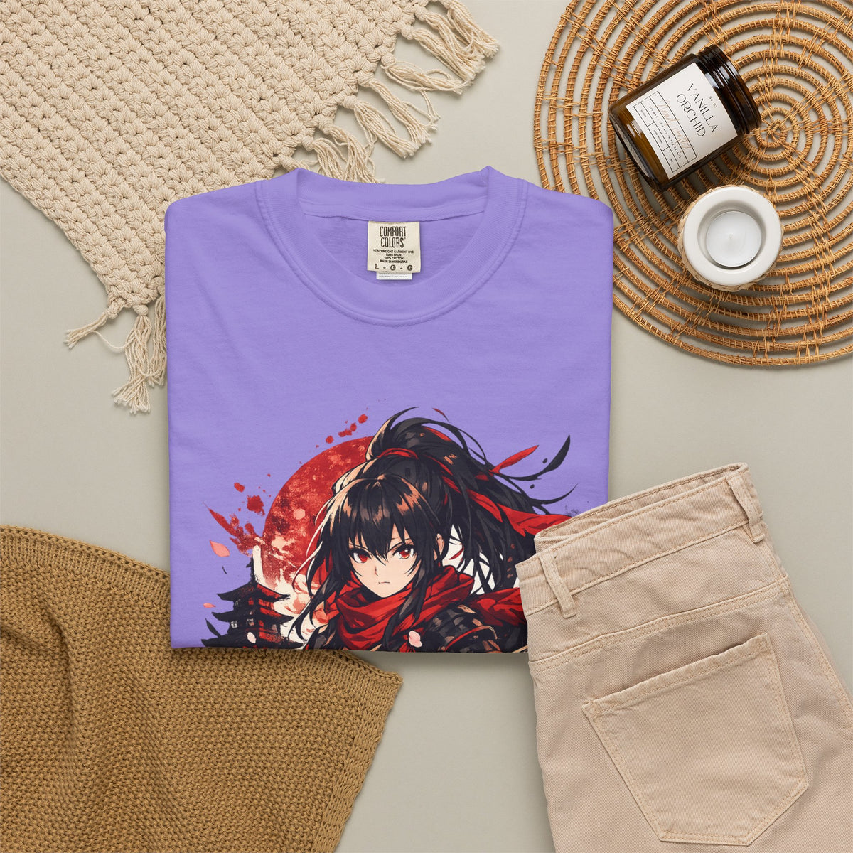 Samurai Anime Girl T-Shirt — Red Moon & Sakura Sword Art Tee