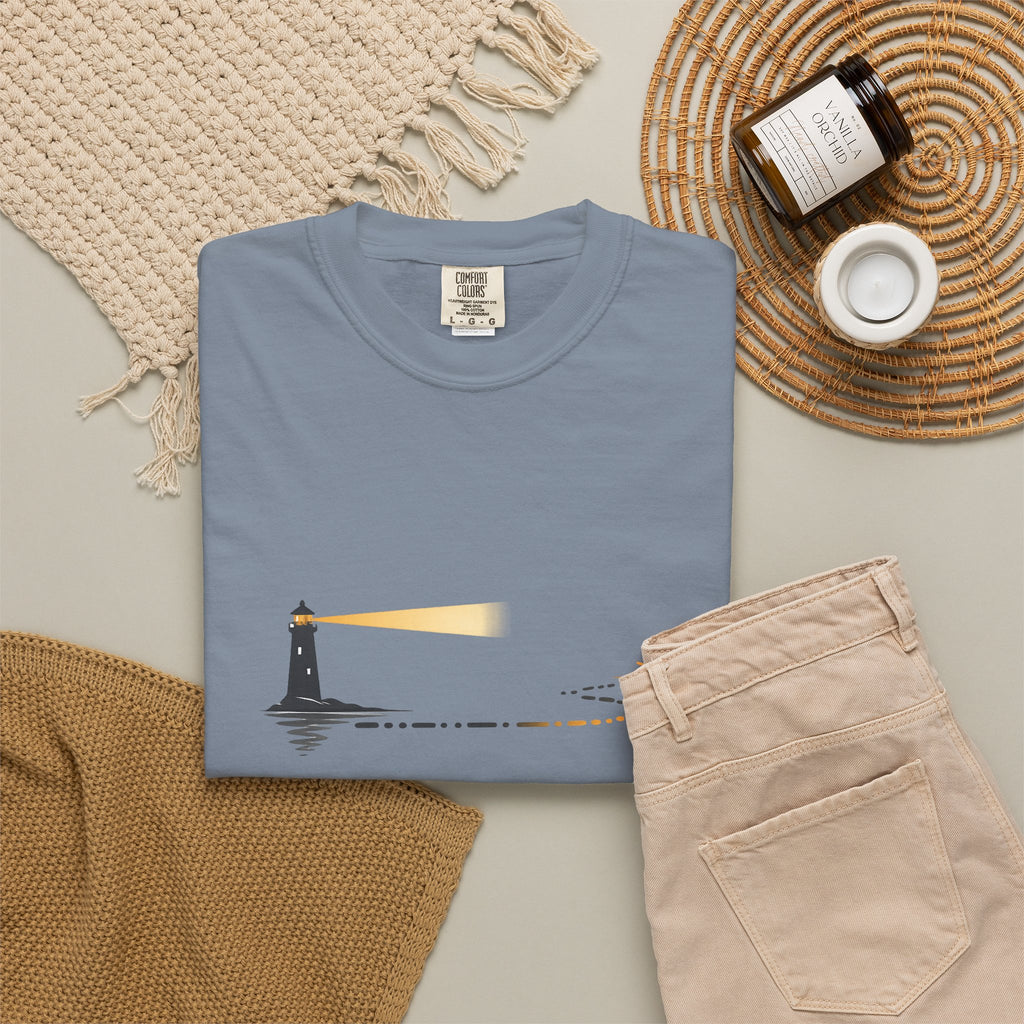 Lighthouse Sunset T-Shirt — Nautical Coastal Tee with Beacon Graphic
