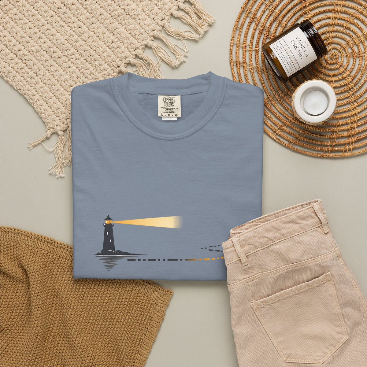 Lighthouse Sunset T-Shirt — Nautical Coastal Tee with Beacon Graphic
