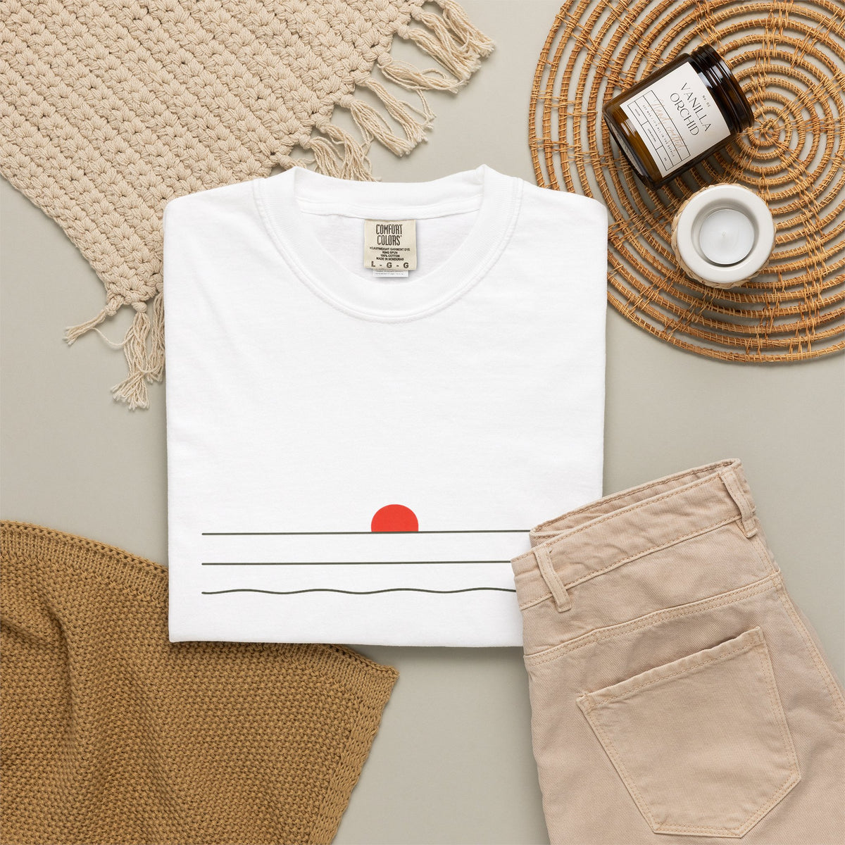 Sunset Minimalist T-Shirt — Red Sun Over Wavy Lines Tee