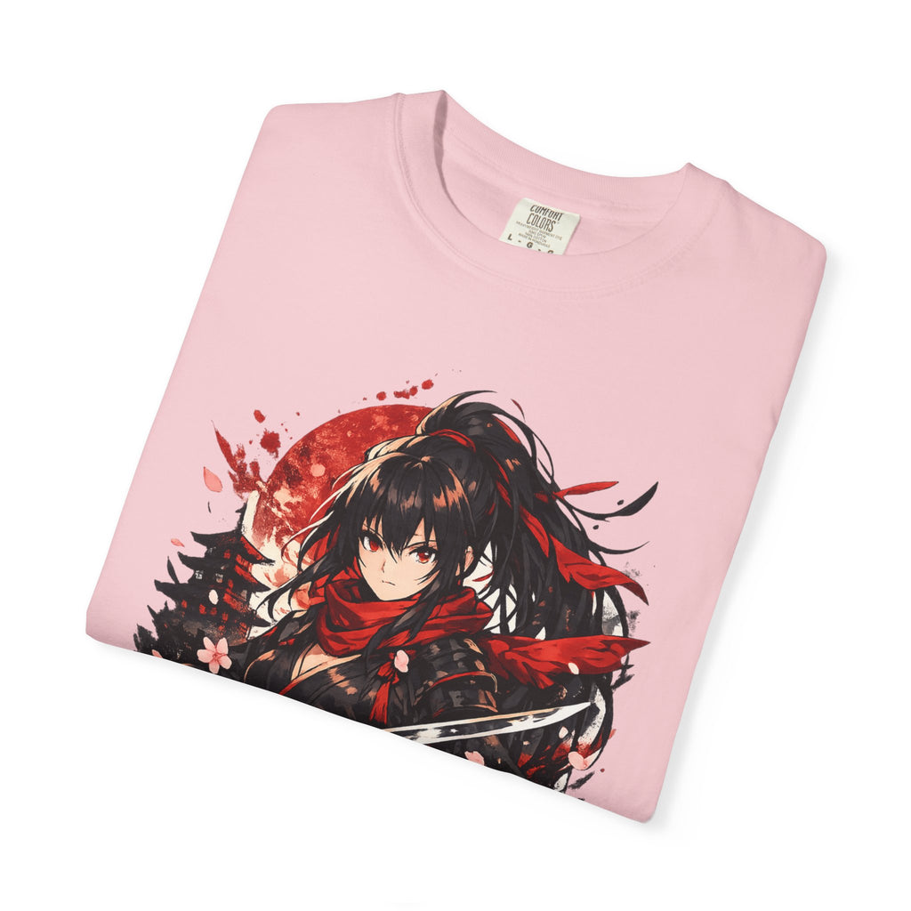 Samurai Anime Girl T-Shirt — Red Moon & Sakura Sword Art Tee