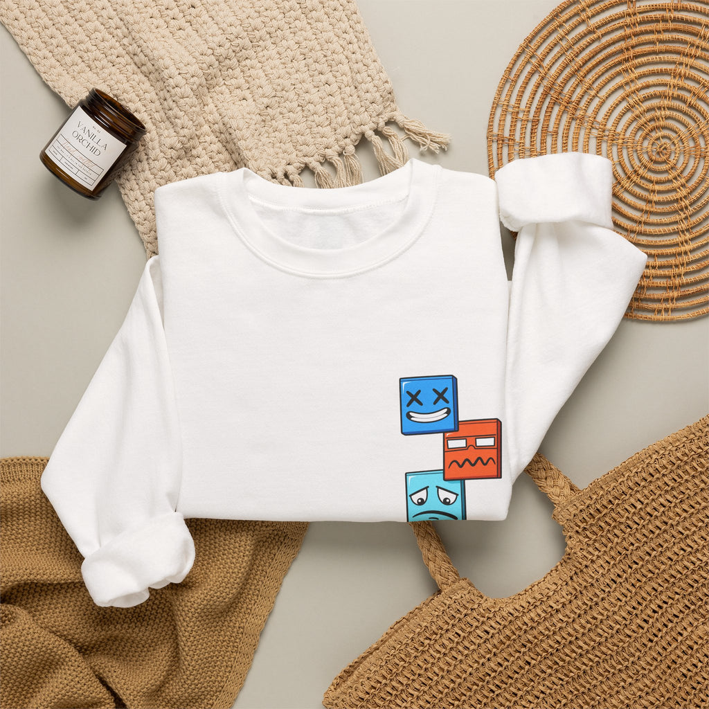 Emotional Blocks Crewneck Sweatshirt — Stacked Expressive Face Cubes Graphic