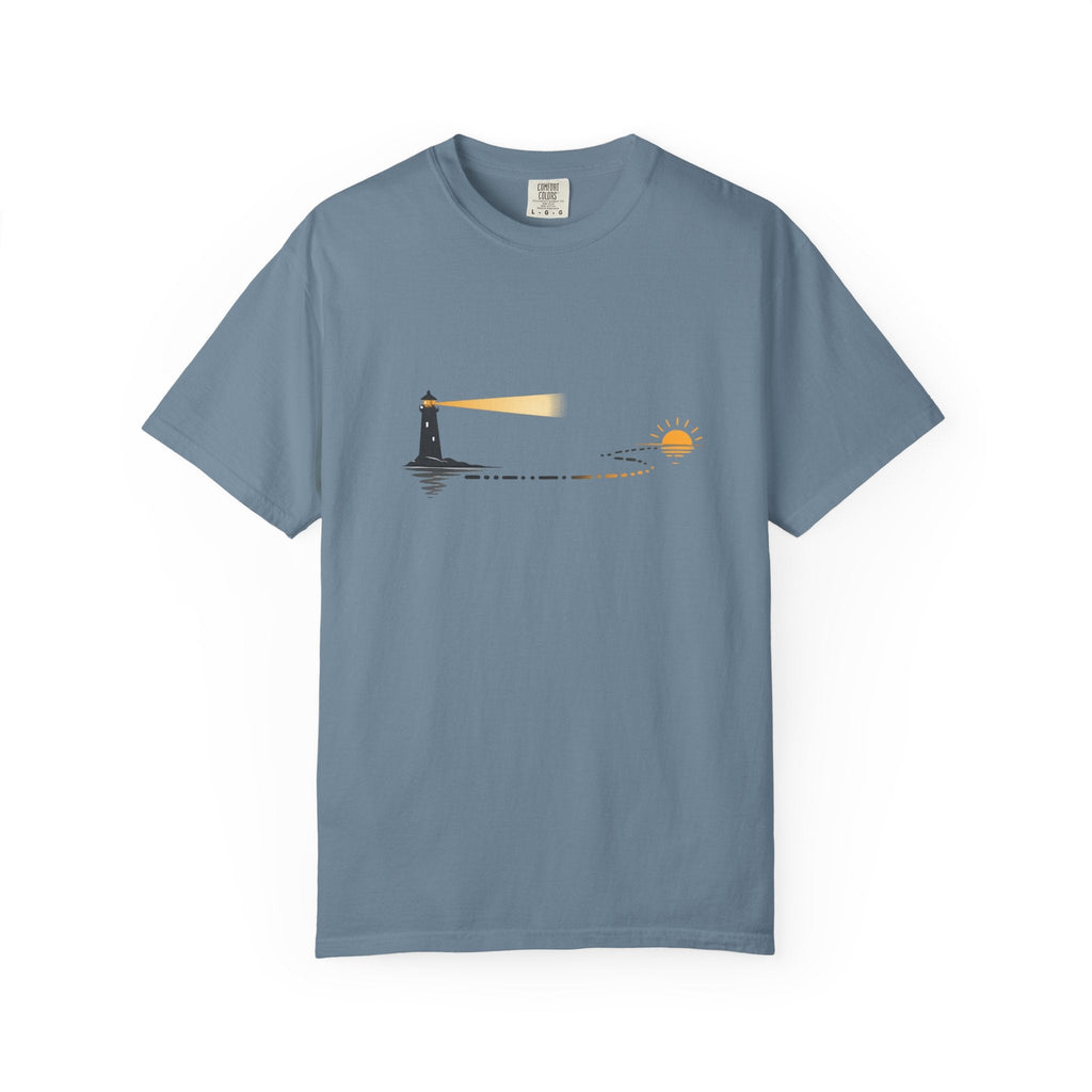 Lighthouse Sunset T-Shirt — Nautical Coastal Tee with Beacon Graphic