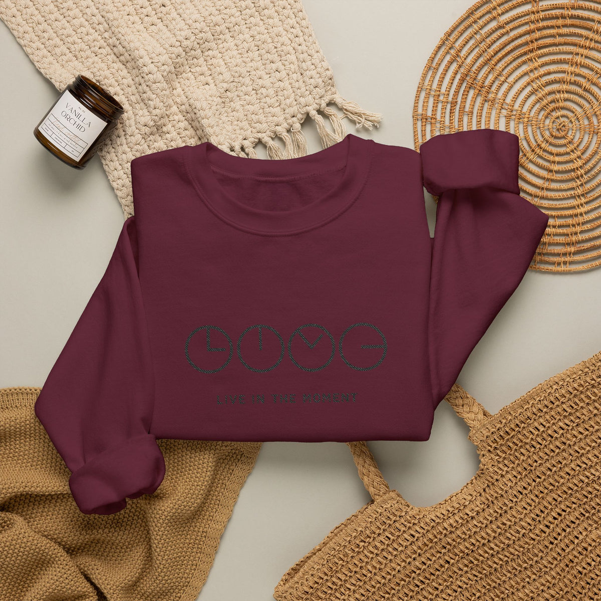 Live In The Moment Crewneck Sweatshirt — Minimal Clock Graphic Embroidered