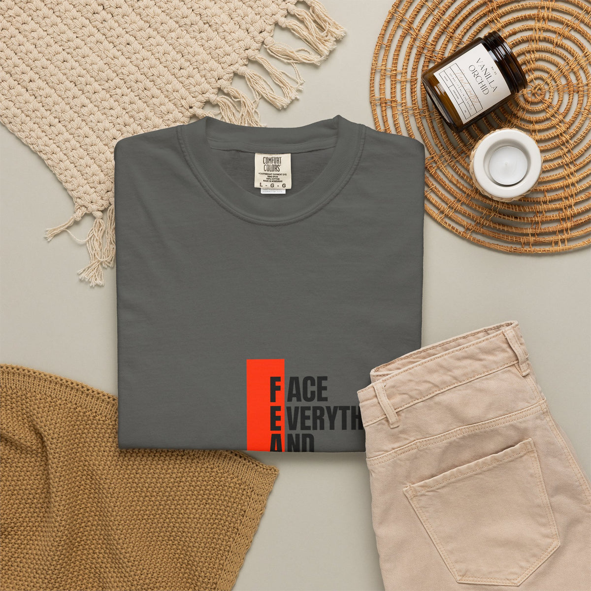 Motivational T-Shirt — "FEAR: Face Everything And Rise" Bold Red Accent