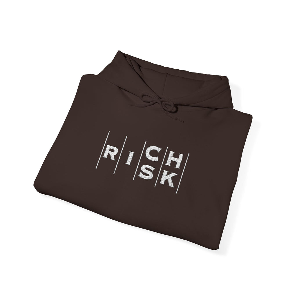 Risk/Reward Graphic Hoodie — “RISK | RICH” Distressed Text Sweatshirt