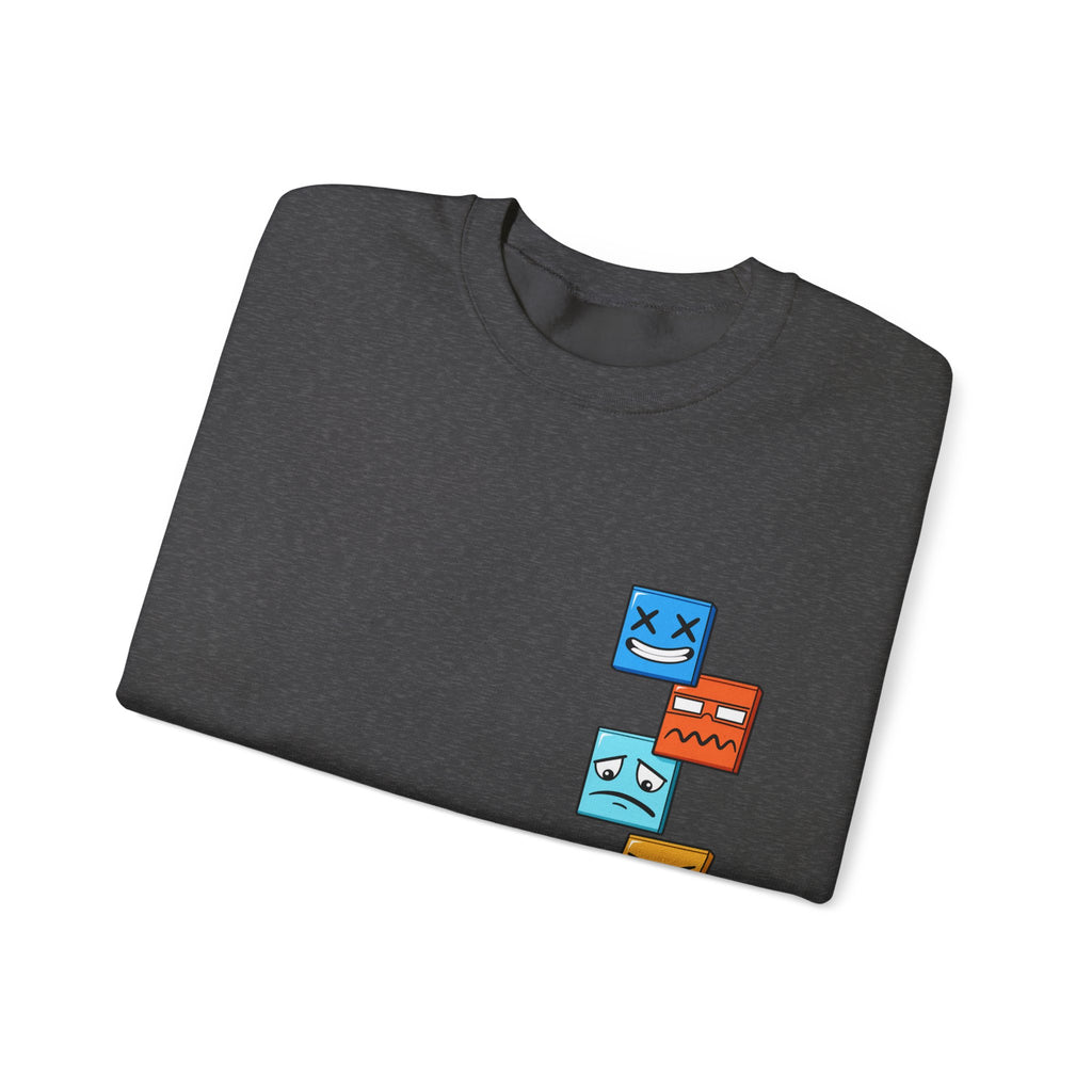 Emotional Blocks Crewneck Sweatshirt — Stacked Expressive Face Cubes Graphic