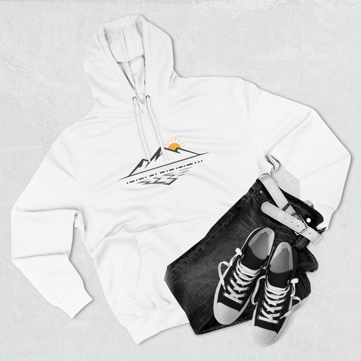Mountain Sunrise Hoodie — Minimal Outdoor Graphic Pullover