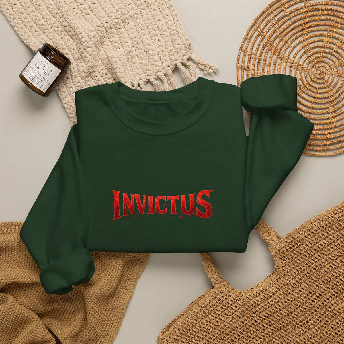 Invictus Crewneck Sweatshirt — Bold Red Script Pullover